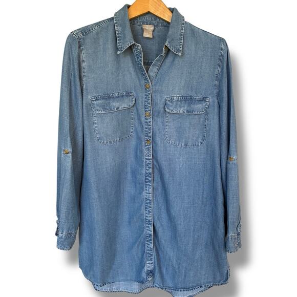 Chico's Tunic Size 1P (8/10 P) Chambray Leisure Button Down Roll Tab Sleeve - Picture 1 of 6